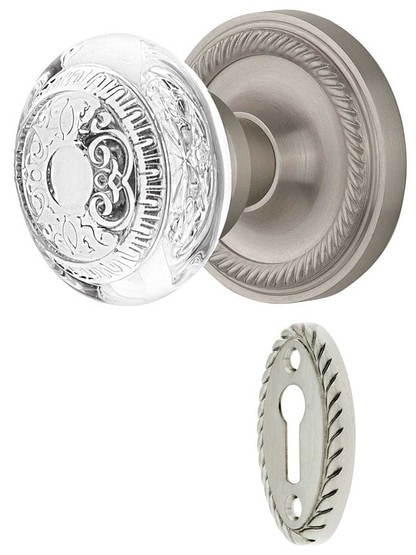 Rope Rosette Mortise-Lock Set with Egg and Dart Crystal-Glass Knobs in Satin Nickel.